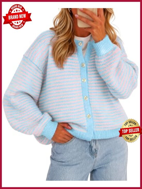 Sweaters - Women's Oversized Striped Cardigan Long Sleeve Button Up Knit Sweater